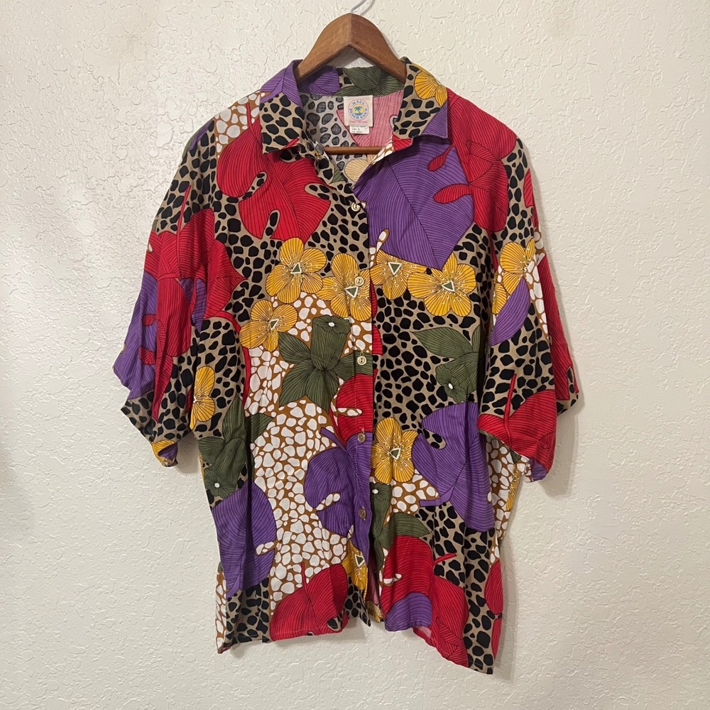 Maui Beach Club Vtg 90s Floral Leopard Print Button Down Shirt Large Tropical